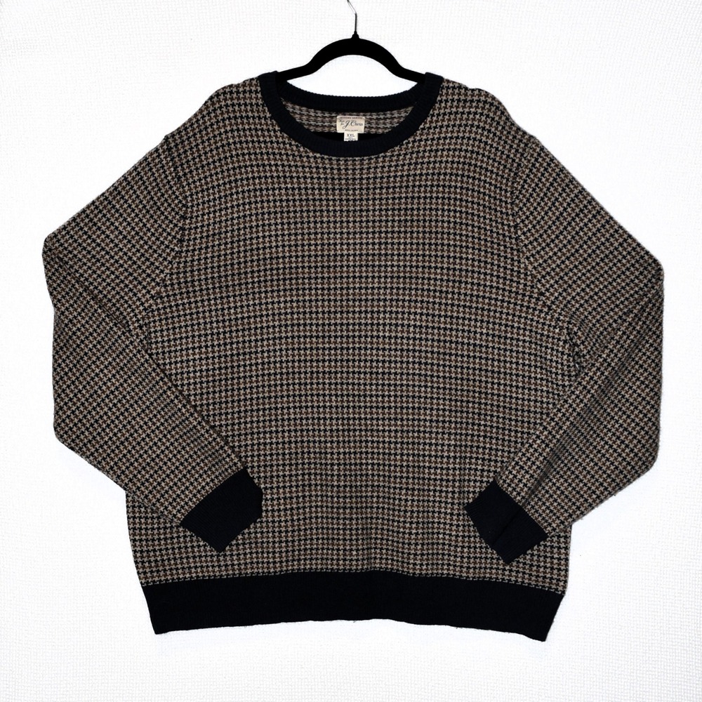 J.Crew Rugged Merino Wool Blend Houndstooth Sweater Navy Tan XXL BU880